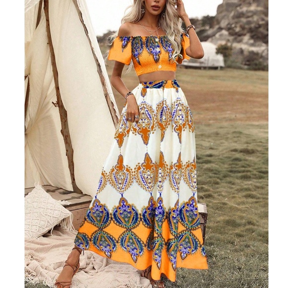 Boho Tribal Print Cropped Top Maxi Skirt Set - Picture 10 of 14